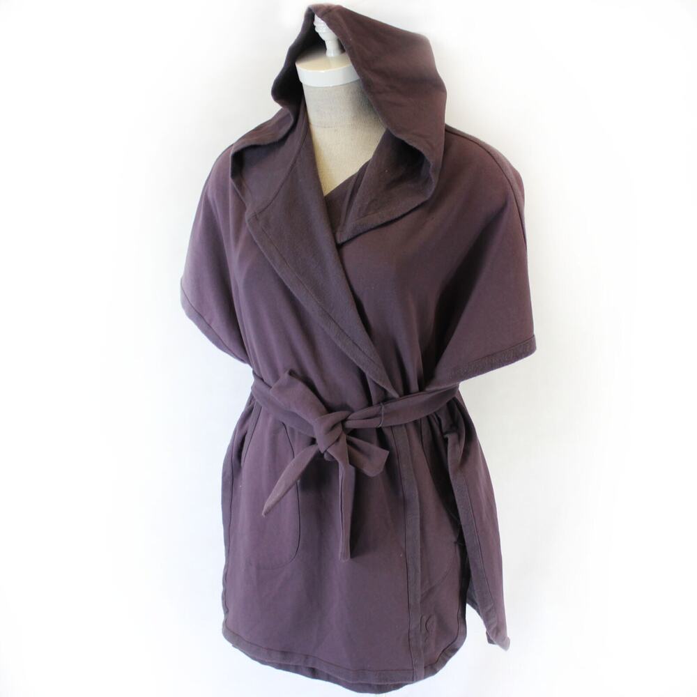 DKNY Purple Cozy Fleece Hoodie Belt Pockets Cardigan Tunic Robe Pockets L/XL